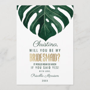 Modern Tropical Swiss Cheese Leaf Gold Bridesmaid Invitation