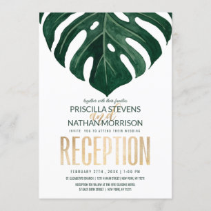 Modern Tropical Swiss Cheese Leaf Gold Reception Invitation