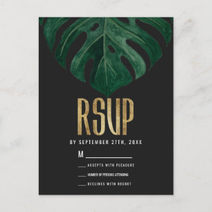 Modern Tropical Swiss Cheese Leaf Gold RSVP Postcard