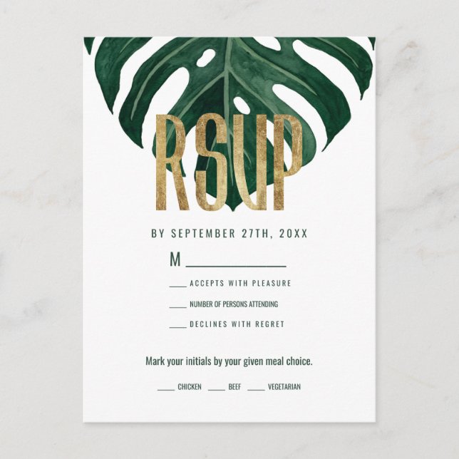 Modern Tropical Swiss Cheese Leaf Gold RSVP Postcard (Front)