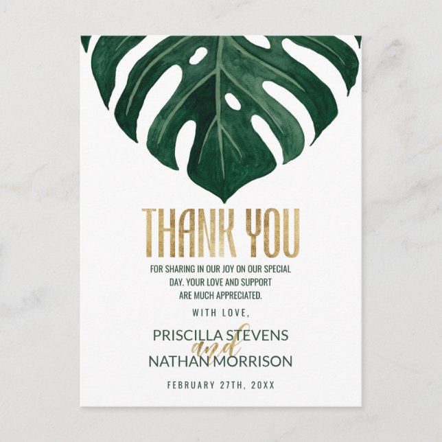 Modern Tropical Swiss Cheese Leaf Gold Thank You Postcard (Front)