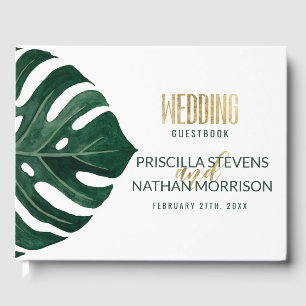 Modern Tropical Swiss Cheese Leaf Gold Wedding Guest Book