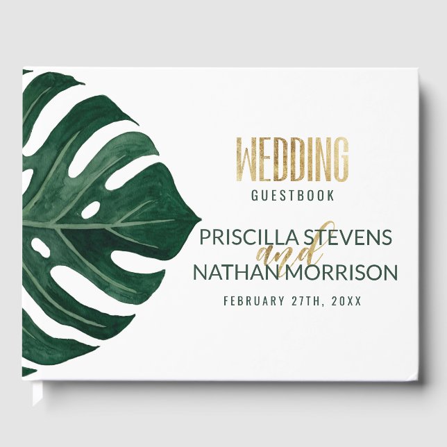 Modern Tropical Swiss Cheese Leaf Gold Wedding Guest Book (Front)