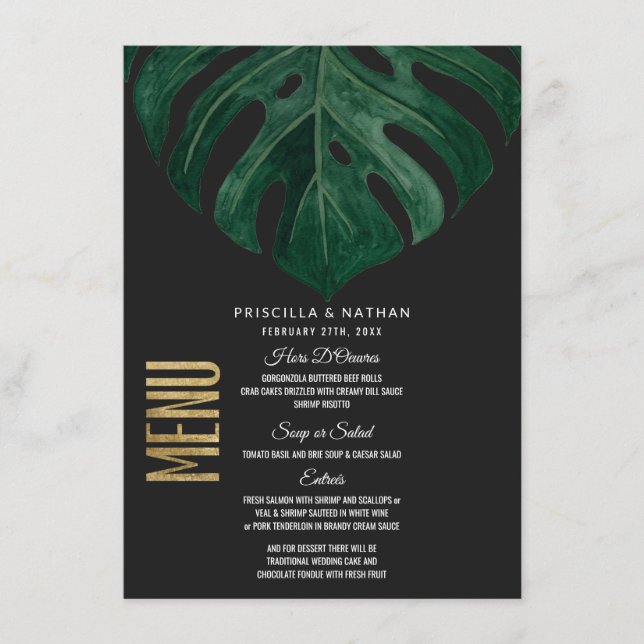 Modern Tropical Swiss Cheese Leaf Gold Wedding Menu (Front)
