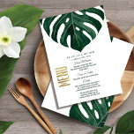 Modern Tropical Swiss Cheese Leaf Gold Wedding Menu<br><div class="desc">Elegant, modern, and simple green watercolor tropical beach swiss cheese monstera leaf on white background with faux printed gold foil typography summer wedding reception menu cards. This classic and sophisticated design is perfect for the classy, stylish, and trendy wedding reception. Personalise with your own menu on the front, along with...</div>