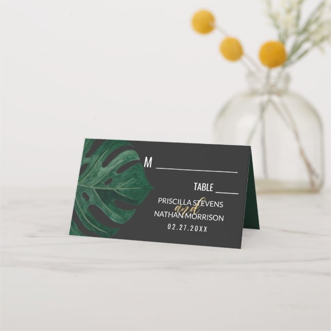 Modern Tropical Swiss Cheese Leaf Gold Wedding Place Card (Front)
