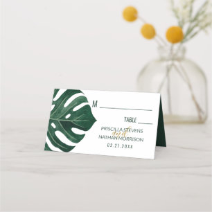 Modern Tropical Swiss Cheese Leaf Gold Wedding Place Card