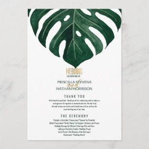Modern Tropical Swiss Cheese Leaf Gold Wedding Programme