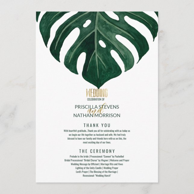 Modern Tropical Swiss Cheese Leaf Gold Wedding Programme (Front)