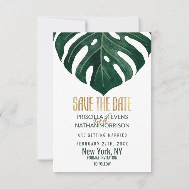 Modern Tropical Swiss Cheese Leaf Gold Wedding Save The Date (Front)