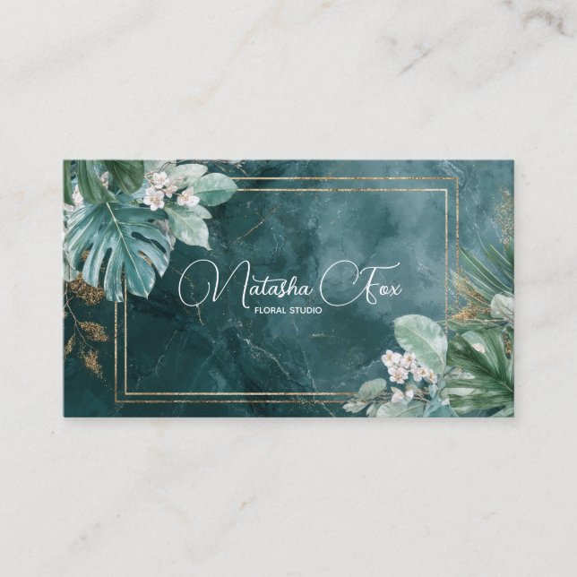Modern Tropical Teal Marble & Gold Glitter Business Card (Front)