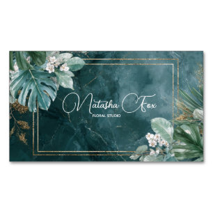Modern Tropical Teal Marble & Gold Glitter Magnetic Business Card