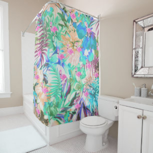 Modern tropical teal pink floral flamingo shower curtain