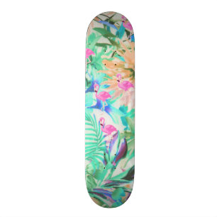 Modern tropical teal pink floral flamingo skateboard