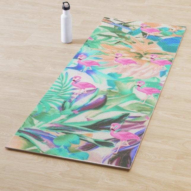 Modern tropical teal pink floral flamingo yoga mat (In Situ)