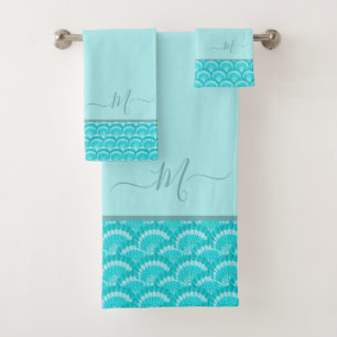 Modern Tropical Teal Turquoise Aqua Blue Seashell Bath Towel Set