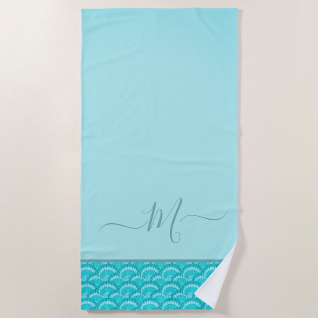 Modern Tropical Teal Turquoise Aqua Blue Seashell Beach Towel (Front)