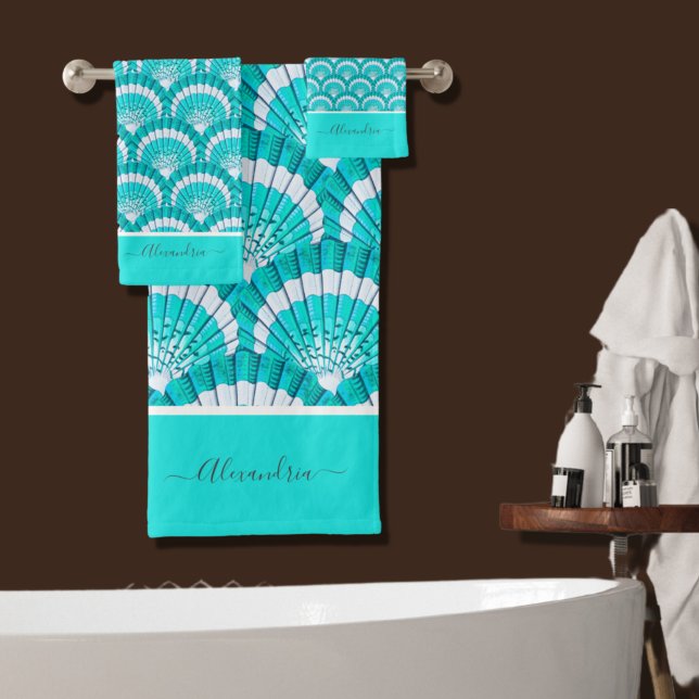 Modern Tropical Teal Turquoise Aqua Seashell Shell Bath Towel Set (Creator Uploaded)