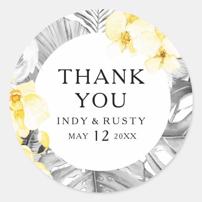 Modern Tropical Thank You Wedding Favour Sticker (Front)