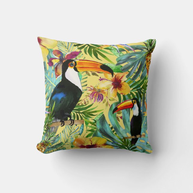 Modern Tropical Toucan Paradise w/ Palm Pineapple Cushion (Front)