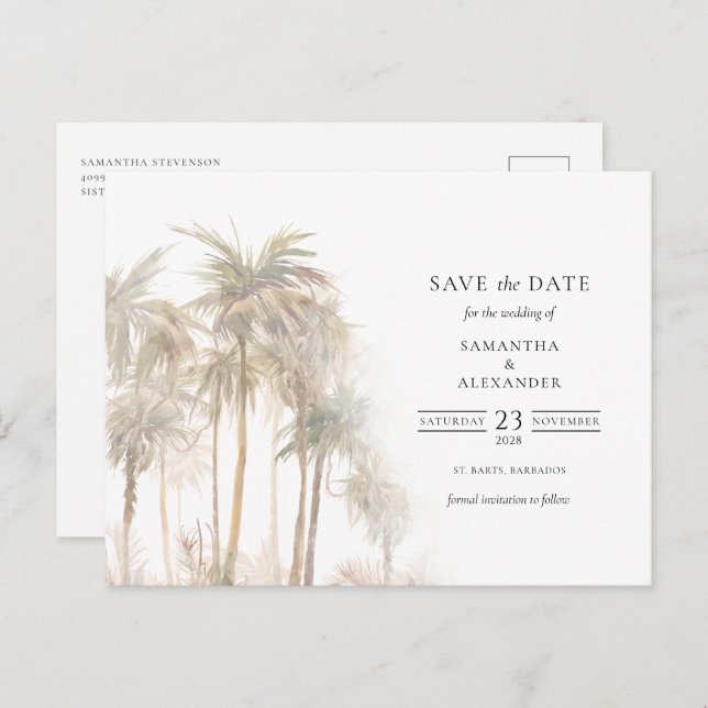 Modern Tropical Trees Typography Save The Date Announcement Postcard (Front/Back)