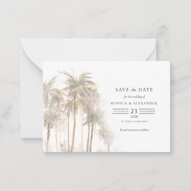 Modern Tropical Trees Typography Save The Date Card (Front)