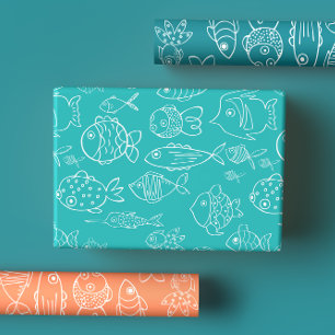 Modern Tropical Turquoise & Coral Fish Pattern Wrapping Paper Sheet