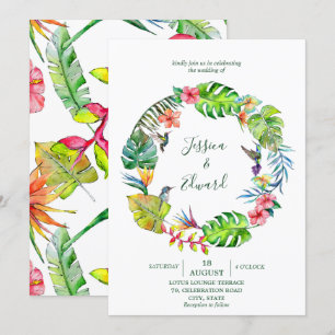 Modern Tropical Watercolor Floral Wreath Invitation