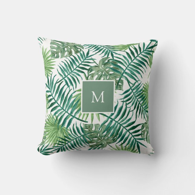 Modern tropical watercolor leaves monogrammed cushion (Front)
