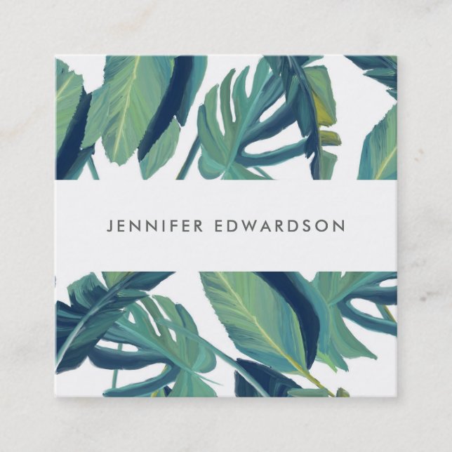 Modern tropical watercolor  leaves professional square business card (Front)