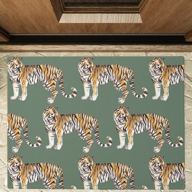 Modern Tropical Watercolor Tigers Wild Pattern Doormat (Creator Uploaded)