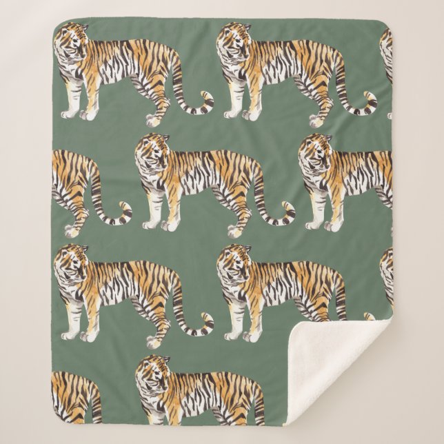 Modern Tropical Watercolor Tigers Wild Pattern Sherpa Blanket (Front)