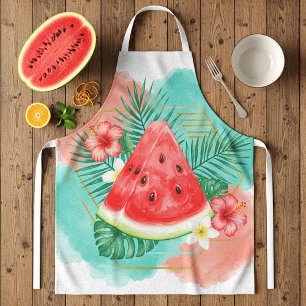Modern Tropical Watermelon & Hibiscus Watercolor Apron