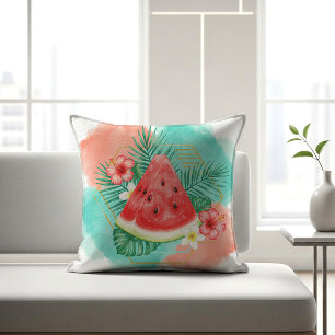 Modern Tropical Watermelon & Hibiscus Watercolor Cushion