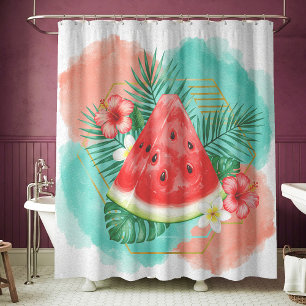 Modern Tropical Watermelon & Hibiscus Watercolor Shower Curtain