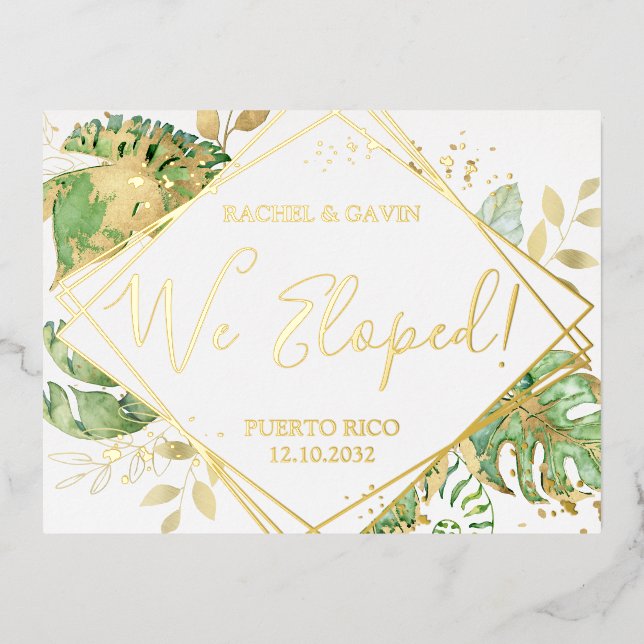 Modern Tropical Wedding Elopement Reception Foil Invitation Postcard (Front)