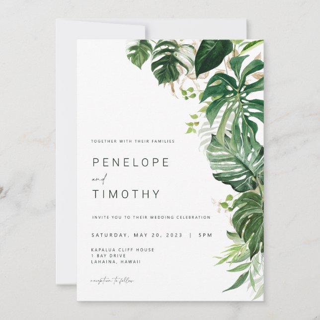 Modern Tropical Wedding Invitation Monstera Leaves (Front)