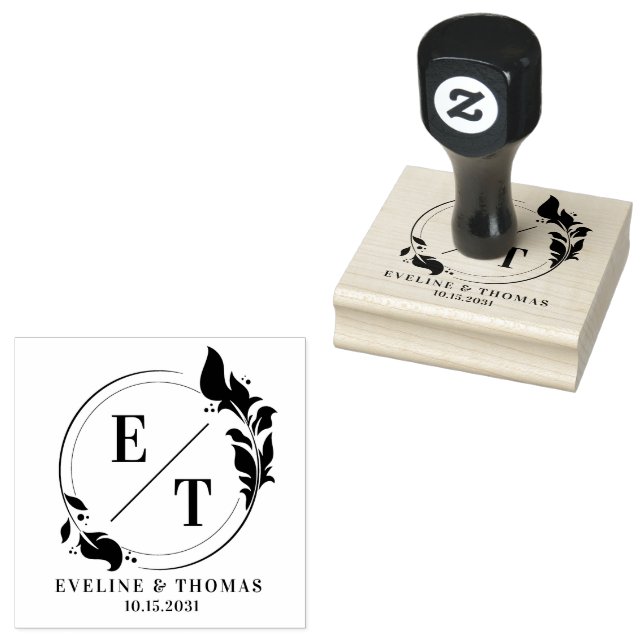 Modern tropical wreath wedding monogram logo rubber stamp (Stamped)