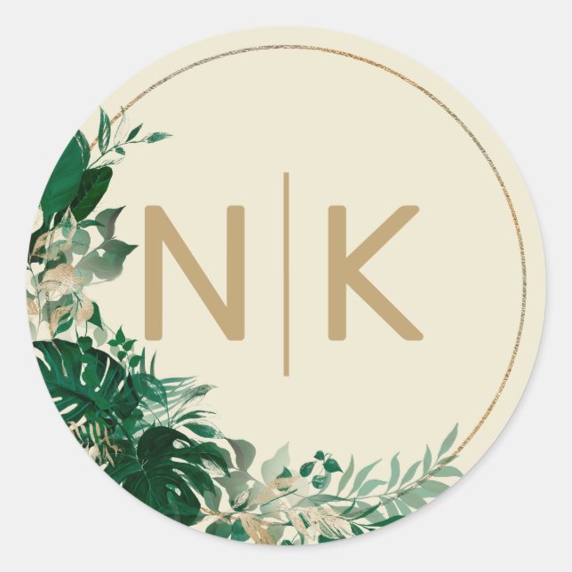 Modern Tropical Wreath with Gold Wedding Monogram Classic Round Sticker (Front)