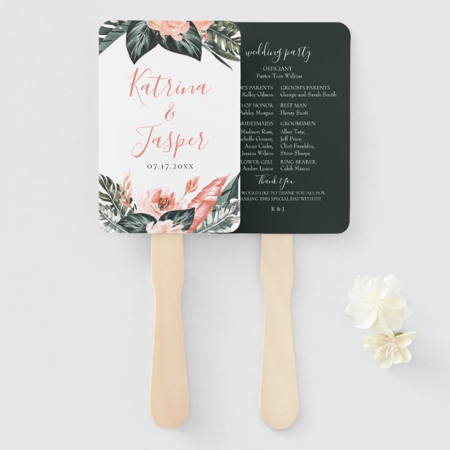 Modern Tropics Coral Floral Wedding Program Hand Fan (Front and Back)