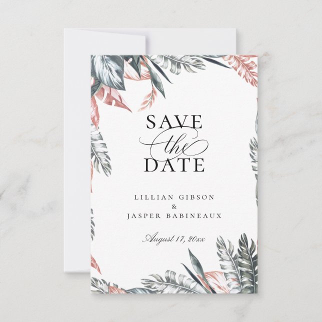 Modern Tropics Palm Frame Save the Date Announcement (Front)