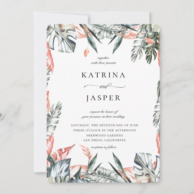 Modern Tropics Palm Leaf Frame Wedding Invitation (Front)