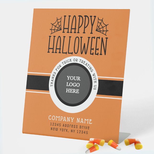 Modern Trunk or Treat Halloween Business Thank You Pedestal Sign (Modern Halloween Trick or Treat Standing Business QR Code Display Sign in Orange, Black and White)