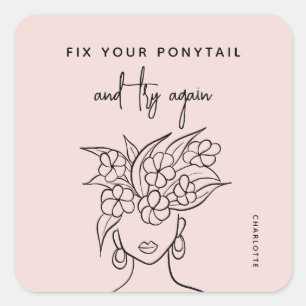 Modern Try Again Woman with Flowers Personalised Square Sticker
