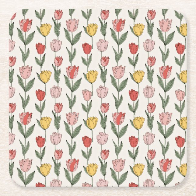 Modern Tulip Floral Pattern Soft Botanical Spring Square Paper Coaster (Front)