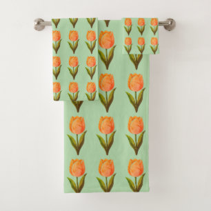 Modern Tulip Flower Pattern on Light Green Bath Towel Set
