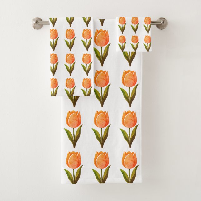 Modern Tulip Flower Pattern on White Bath Towel Set (Insitu)