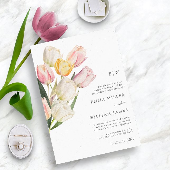 Modern Tulip Wedding Invitation (Watercolor Spring Tulips Monogrammed Wedding Invitations by Painted Paperie)