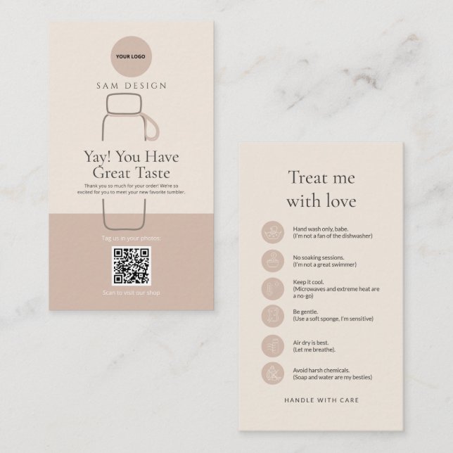 Modern Tumbler Care Card with Barcode and logo (Front/Back)