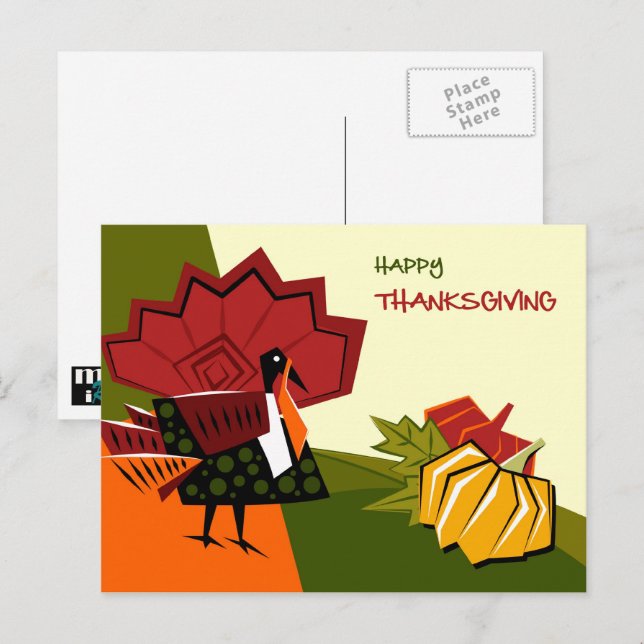 Modern Turkey & Pumpkins Thanksgiving  Holiday Postcard (Front/Back)